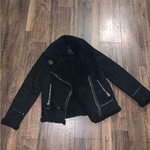 Zara black shearling moto jacket $120 M classic fall casual black coat boho $120 - Picture 3 of 6